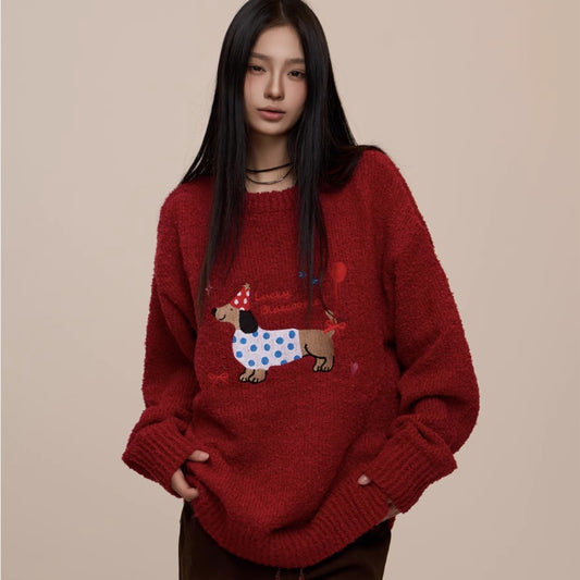Christmas Red Couple's Sausage Dog Towel Embroidered Sweater