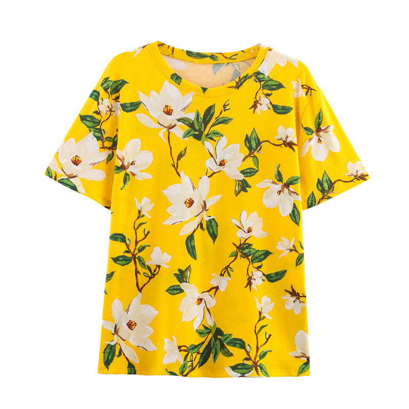 Flower Print Pullover Short-sleeved Casual Top