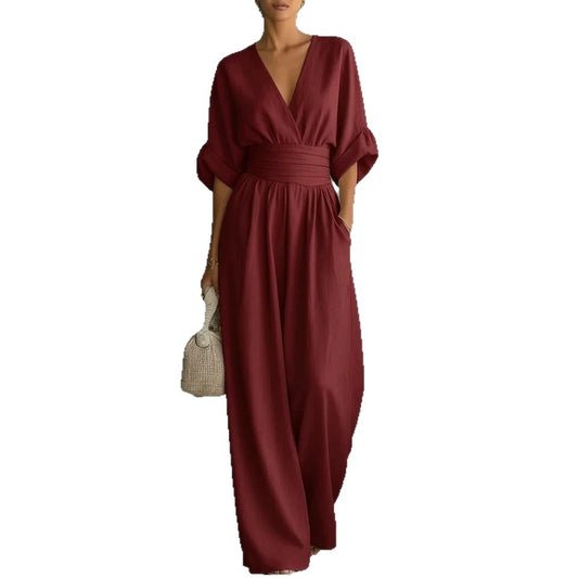 Summer Short-sleeved Jumpsuit Fashion Casual V-Neck Wide-Leg Pants Womens Clothing
