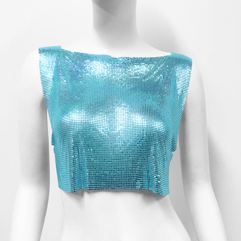 Summer Fashion Womens Metallic Halterneck T-shirt From Europe And The US