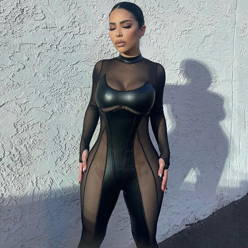 New Ins Stitching Mesh Round Neck Back Long-sleeve Zipper Jumpsuit