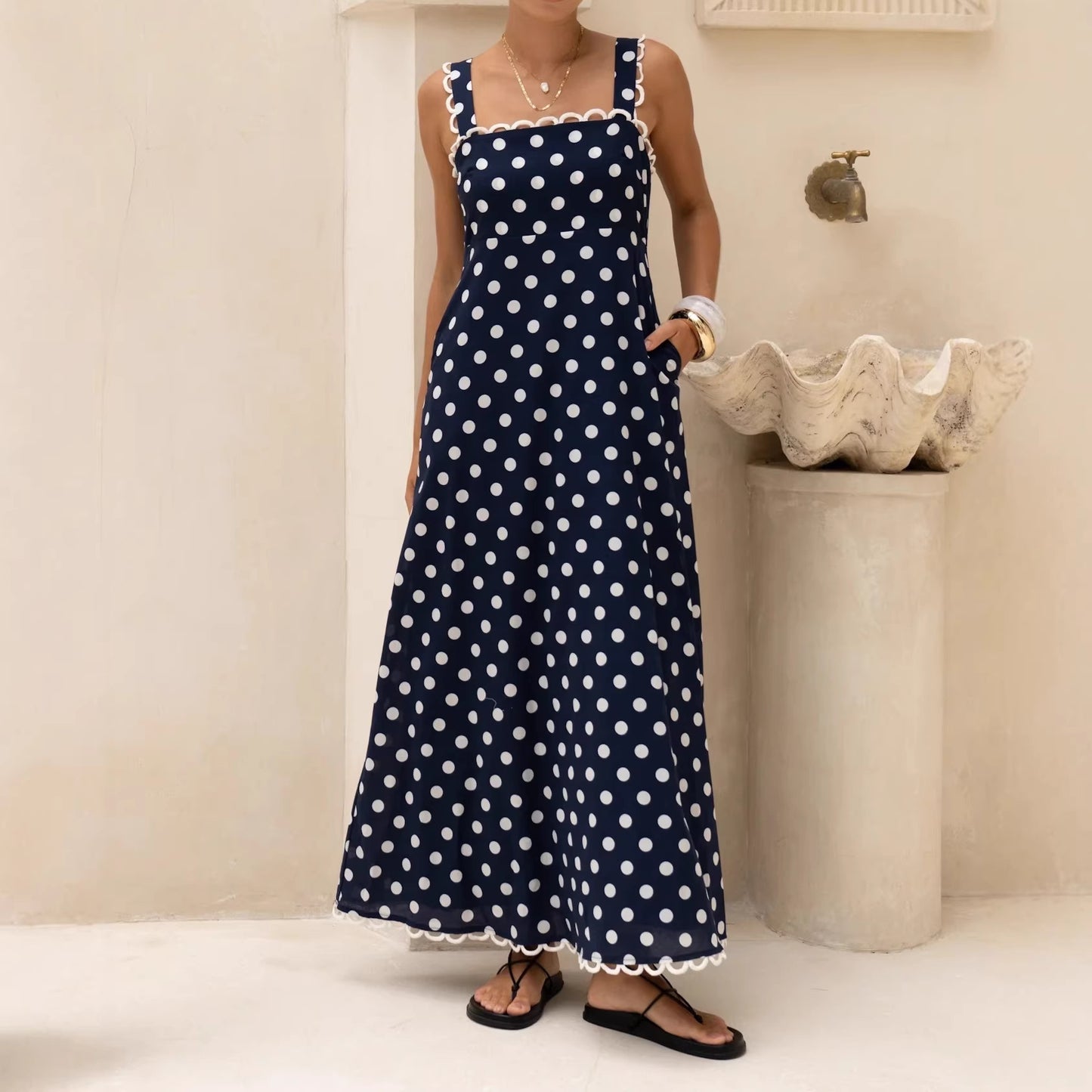 Polka-dot Print A-line Dress With Lace Trim