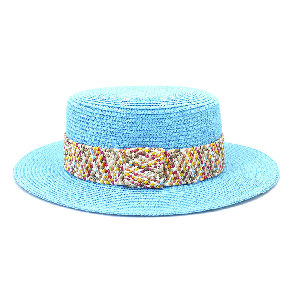Color Flat Top Straw Hat Outdoor Travel Sunscreen