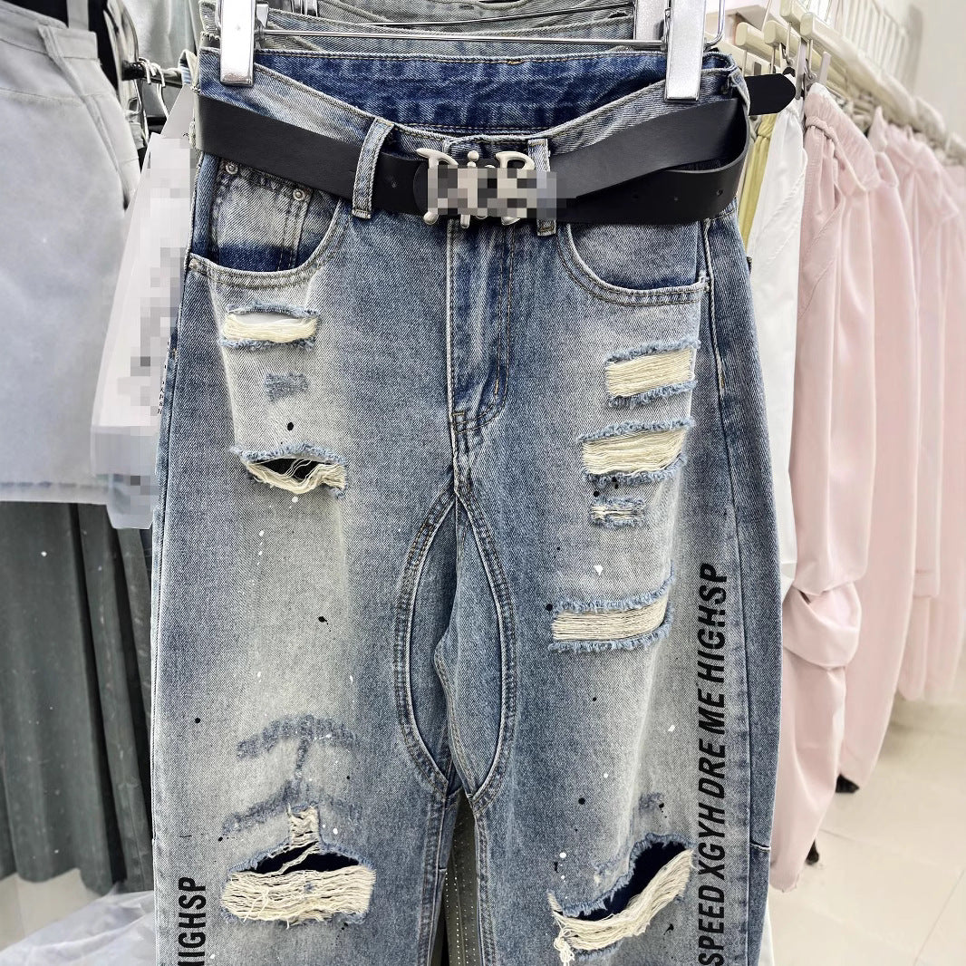 Letter Printed Ripped Cool Brushed Paint Jeans