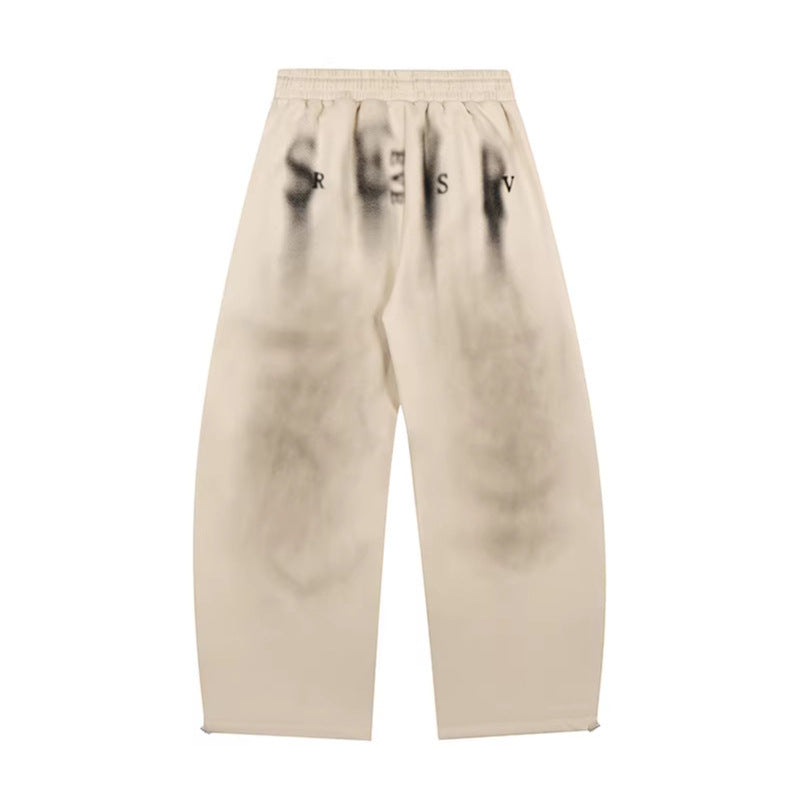Womens American-Style Retro Distressed Letter-Print Sweatpants