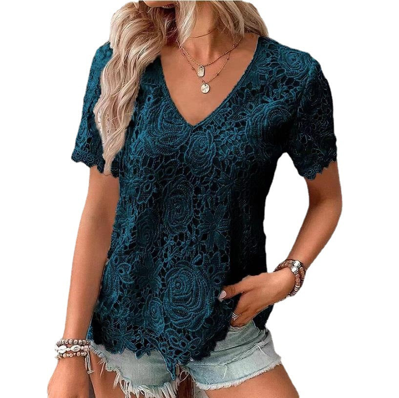 Short Sleeve Lace V-neck Loose Sweet Stripe T-shirt