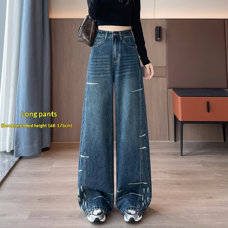 Fleeceforede Ekstra Tykke Unikke Højtaljede Løstsiddende Denim Wide-leg Bukser Til Kvinder