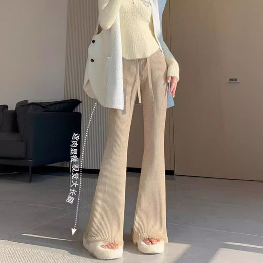 Womens Knitted Thickened High-Waist Straight-Leg Pants