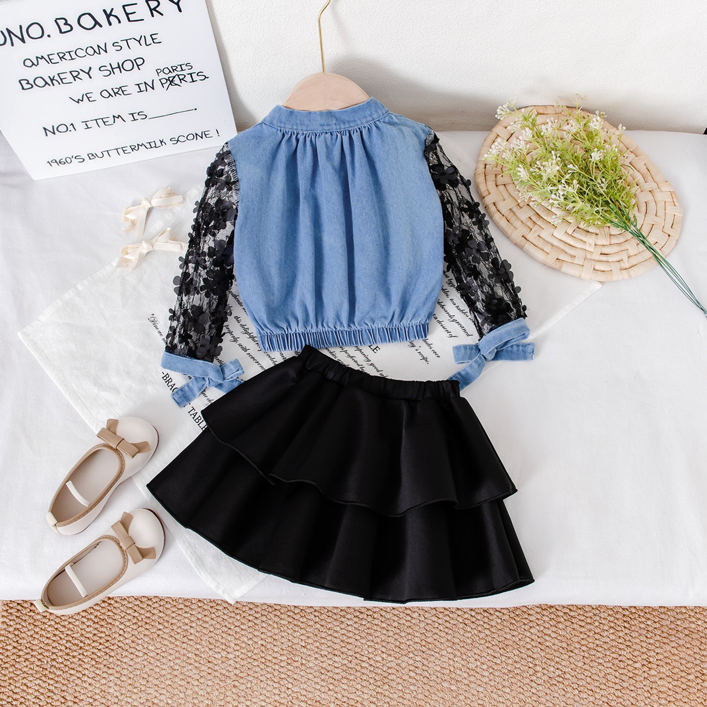 Hollow-out Long Sleeve Girls Dress Two-piece Set