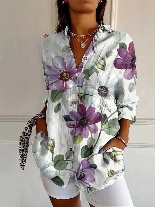 Womens Floral And Green Leaf-print Long-sleeve Blouse