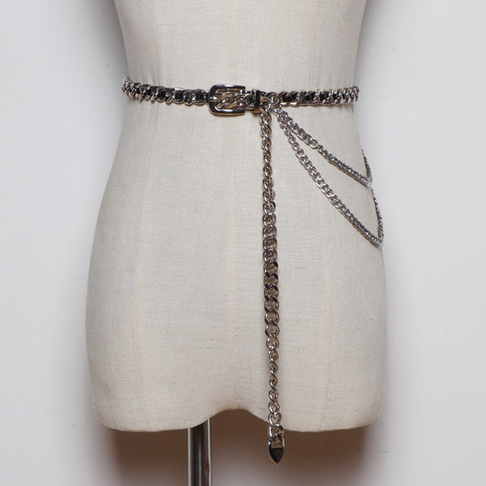 Women's Fine Decorative Jeans With Metal Braided Waist Chain