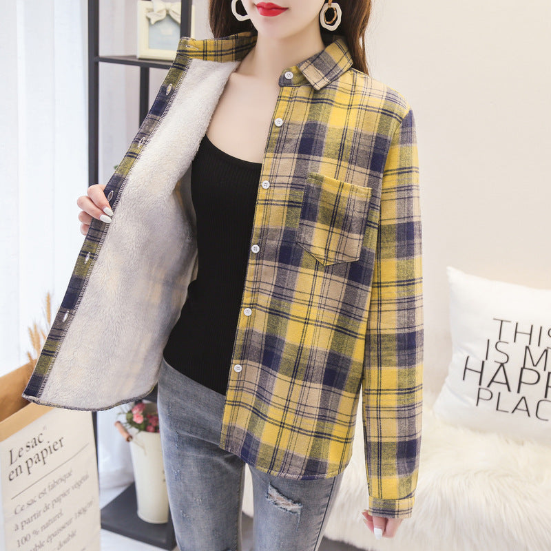Thicken Plus Velvet Plaid Shirt Women Retro