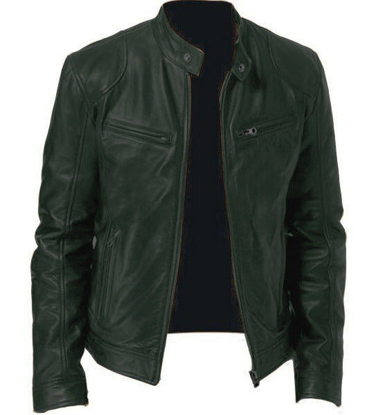 Men's Zip-up Cardigan PU Leather Jacket Fashion Pockets Stand Collar Short Tops Clothing