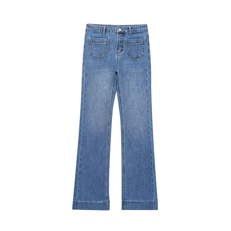 European And American Style Fashion Simple Stickers Pocket Decoration High Waist Jeans