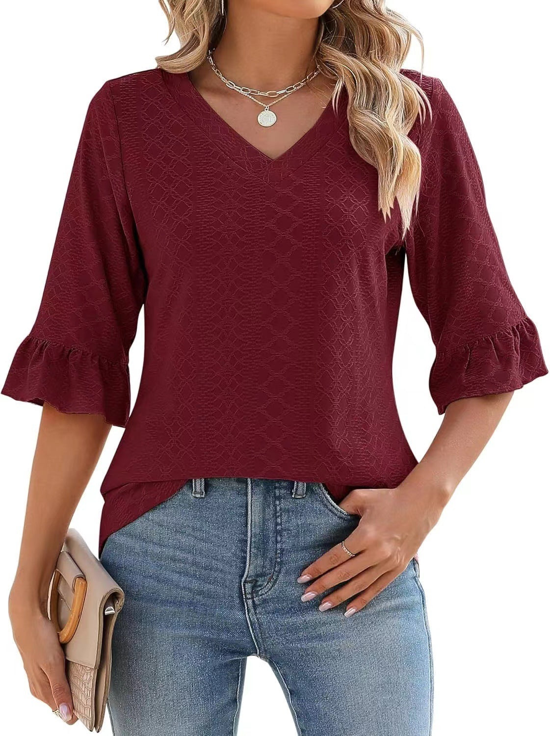 Women's Printed Hollow Ruffle Sleeve Casual Short-sleeved Top