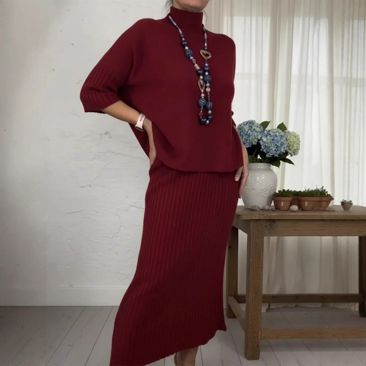 Womens Solid-Color Elegant High-Neck Knitted Sweater And Skirt Two-Piece Set