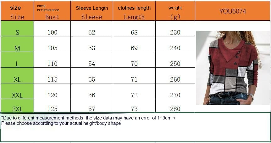 Women's Cross Collar T-shirt Button Fashion Geometry Pattern Printed Long-sleeved Top