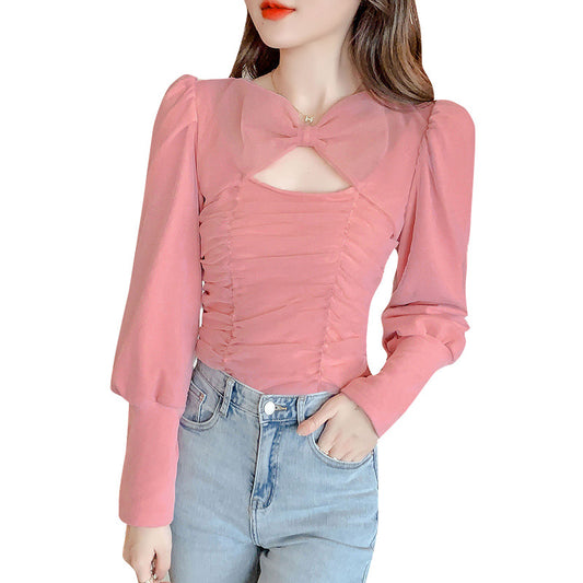 Exposed Collarbone Mesh Slim Fit Long Sleeved Top Bottoming Shirt