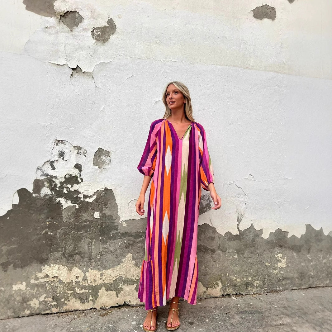 Fashionable Printed Cropped Sleeve Loose Dress