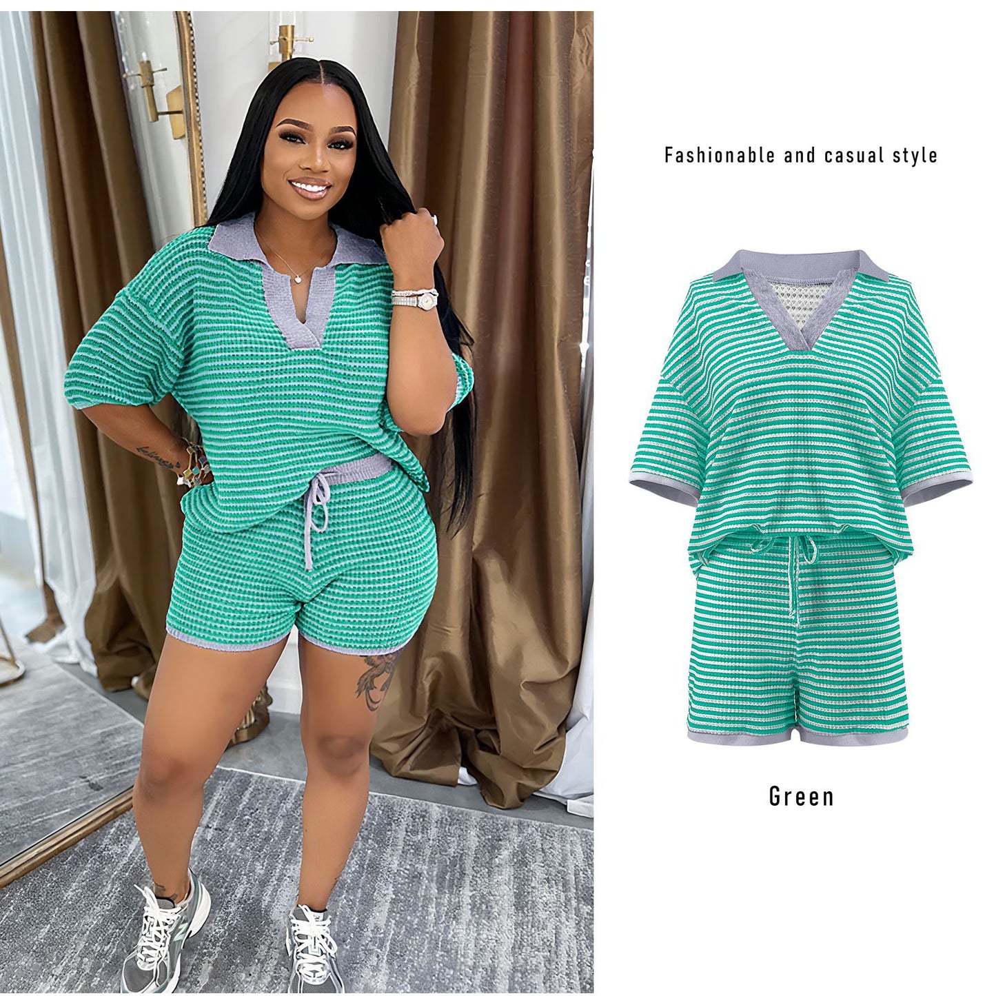 Mid-sleeve V-neck Striped Knit Top And High-waisted Shorts Set