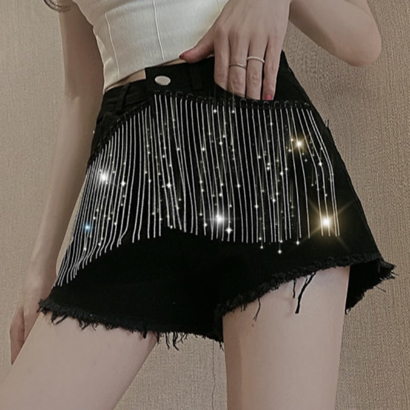 High Waist Denim Shorts Thin Black Chain Tassels