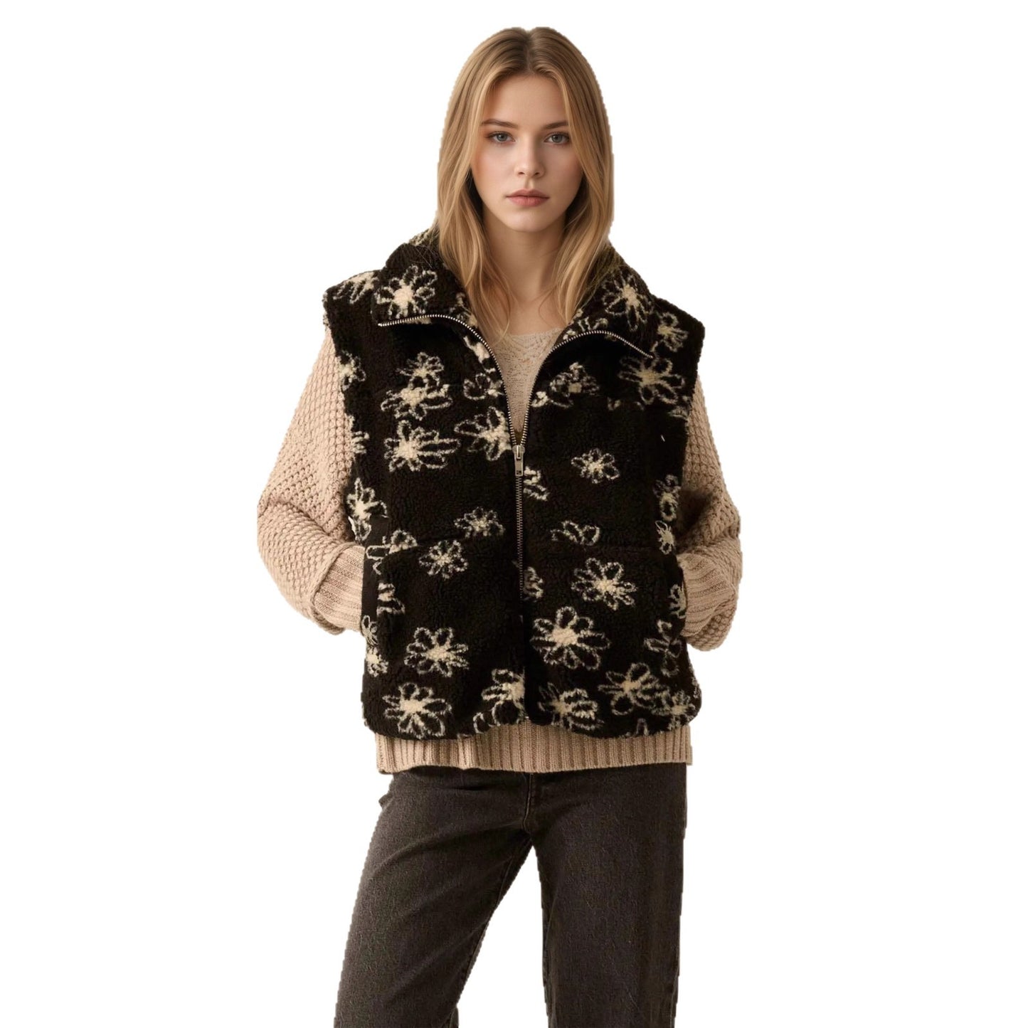 Fashion Polo Collar Flower Print Lamb Wool Vest