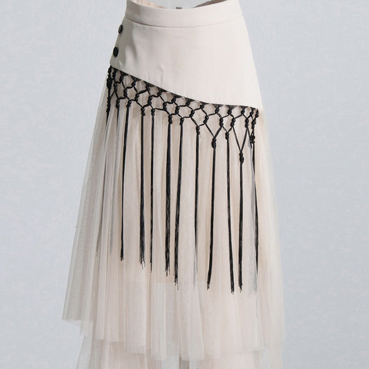 Retro Machine Embroidery Mid-high Waist Buckle Mesh Stitching Skirt