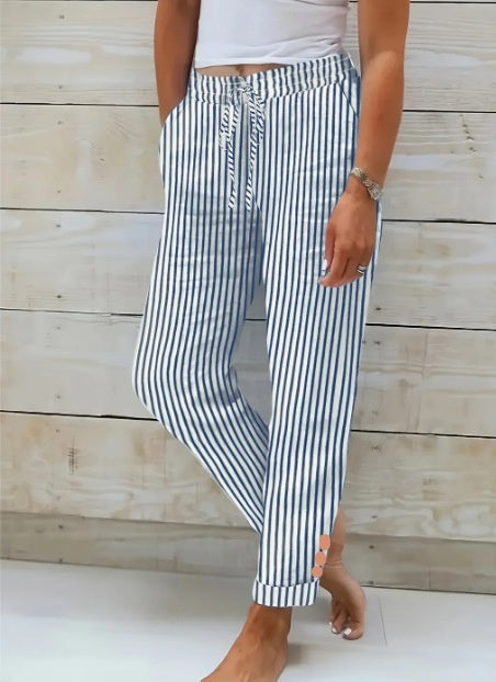 Fashion Striped Cotton Linen Elastic-waist Trousers Decorative Buckle Casual Pants