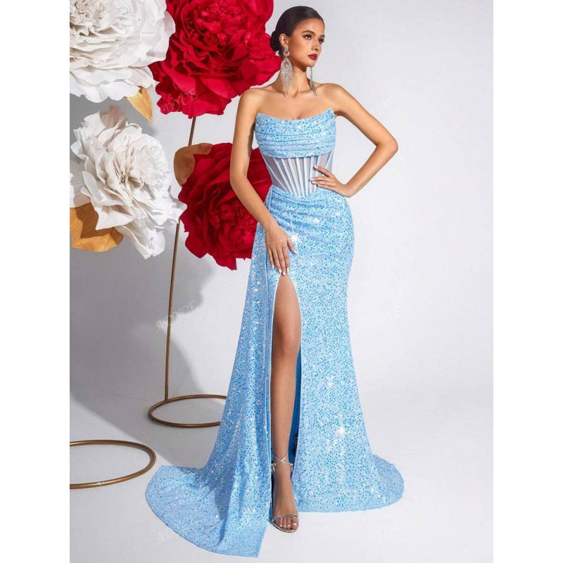 Womens Off-the-Shoulder Hollowed-Out Fishbone Pleated Dress