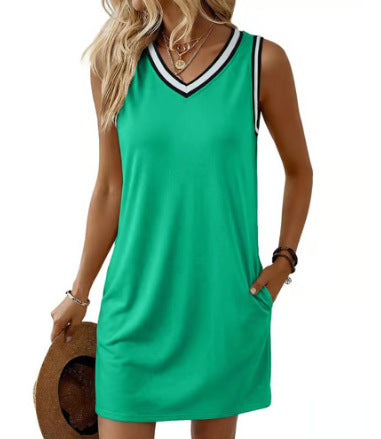 Women's Contrast-color V-neck Sleeveless Dress