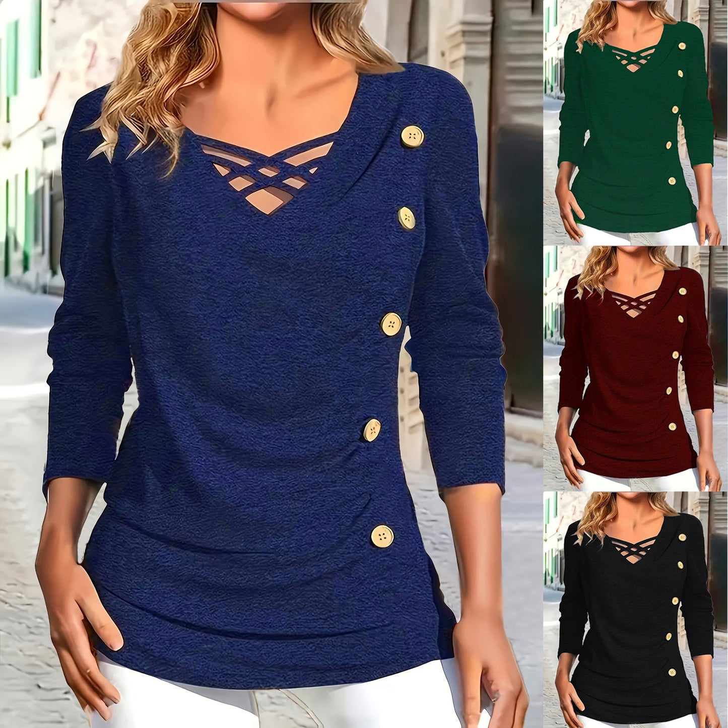 Fashionable Elegant Solid Color Knitted V-neck Long Sleeve Fake Button Plus Size Top