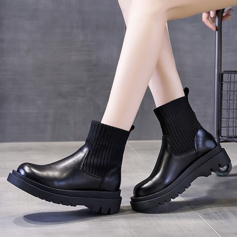 British Style Wild Lace-up Platform Stitching Short-knit Martin Boots