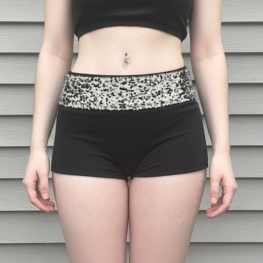 American-style Edgy Sassy Sequined Patchwork Shorts With A High Waist