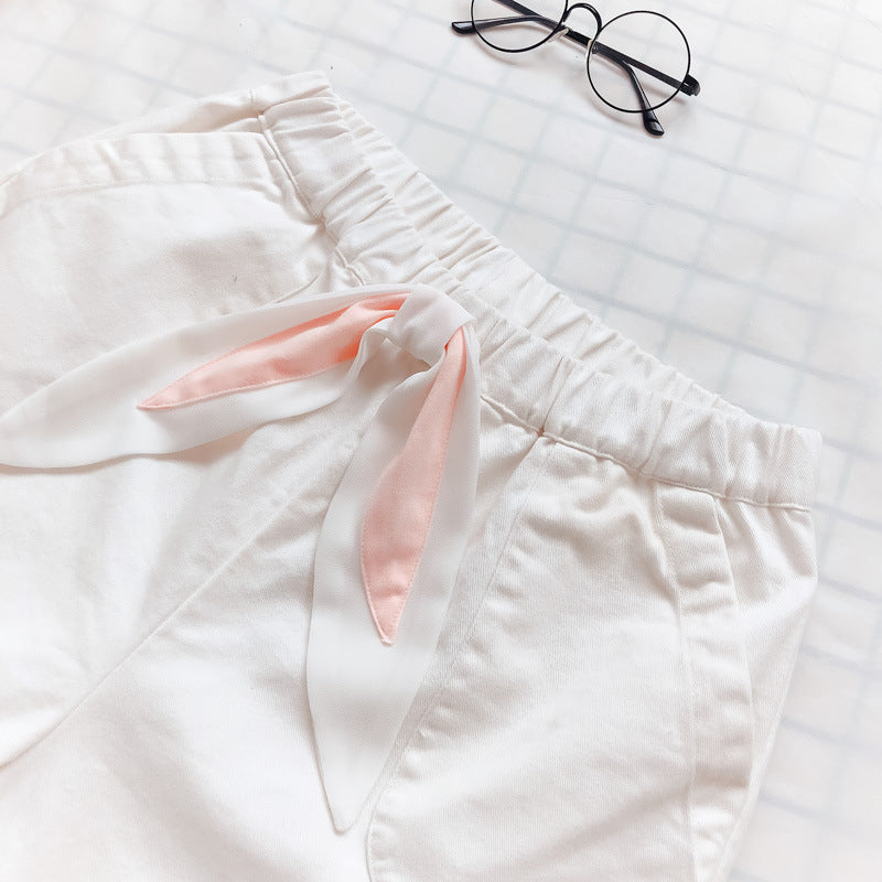 Embroidered bow tie elastic waist casual shorts