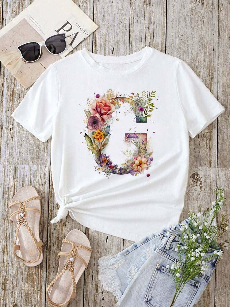 Stylish Womens T-shirt Featuring A Floral Letter Font With The First Letter Of Your Name Short-sleeve Top In White