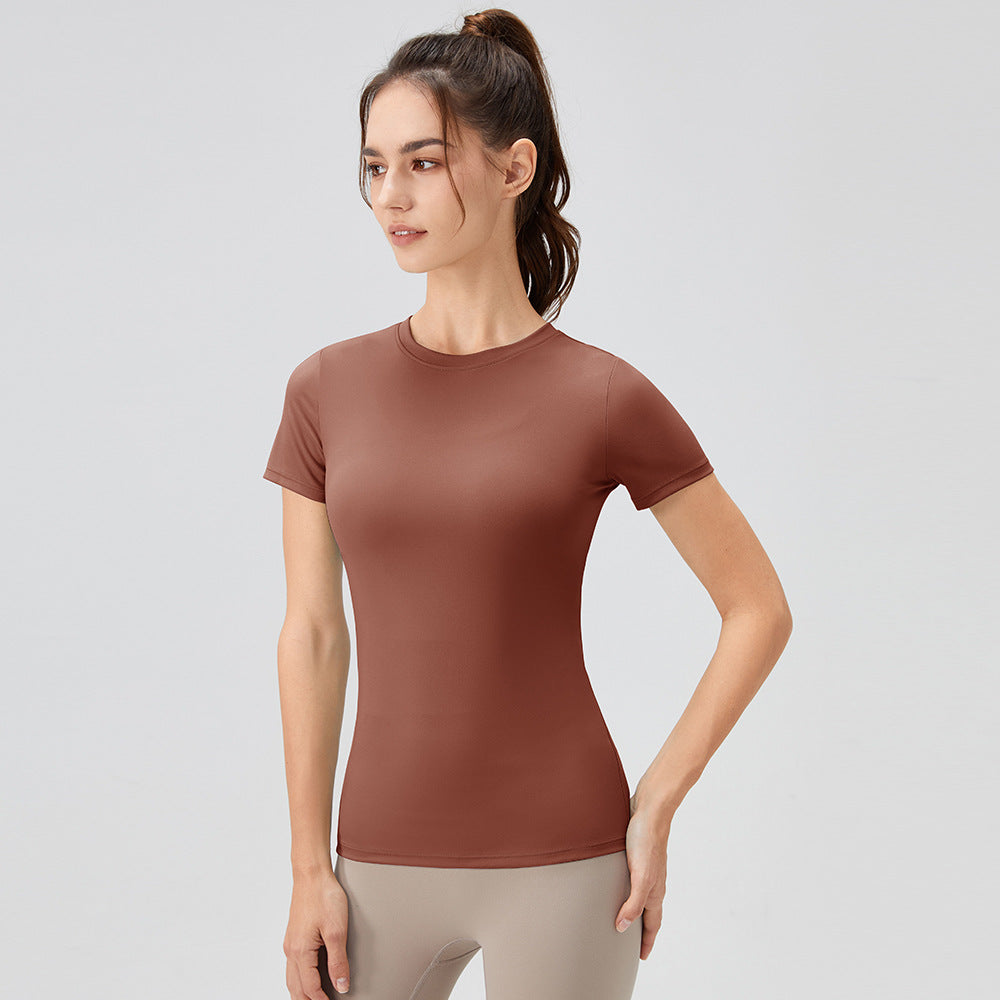 Ensfarvet Yoga Kortærmet Rundhalset Hurtigtørrende Løbe Trænings T-shirt Stram Trænings Yoga Tøj