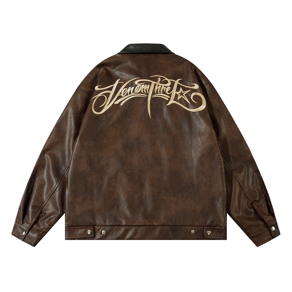 Letter Embroidered Lapel Leather Coat Loose Men