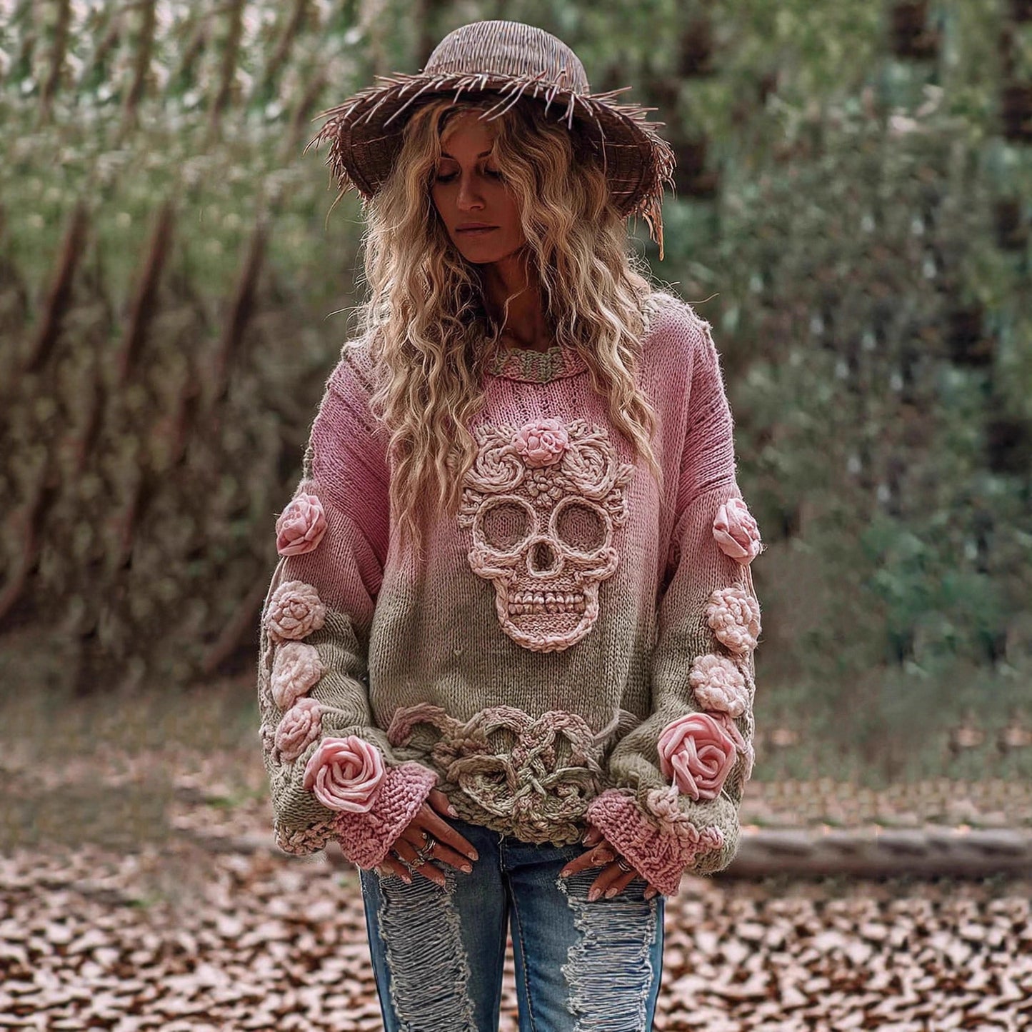 Women's Crew-Neck Sweater Vintage Printed Knit Top
