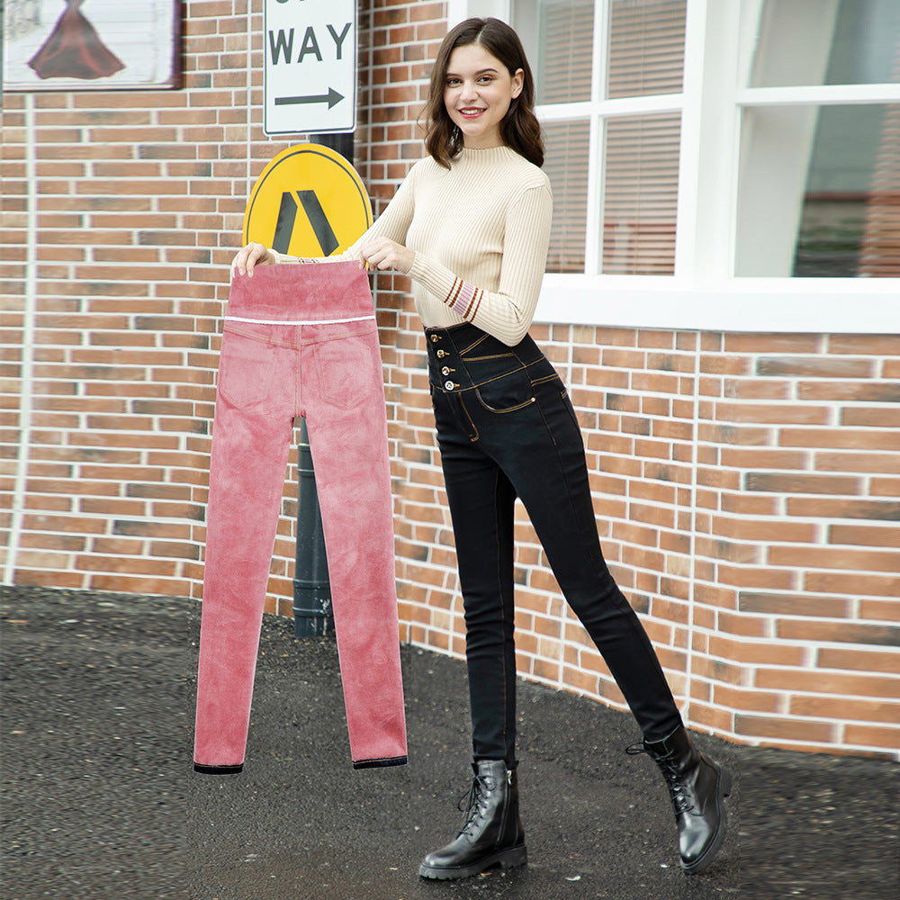 Winter new style velvet thick high-waist jeans