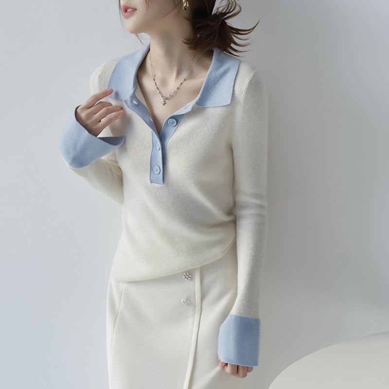 French Style Polo Collar Knitted Bottoming Shirt Long Sleeve Contrast Color Slim Fit Sweater