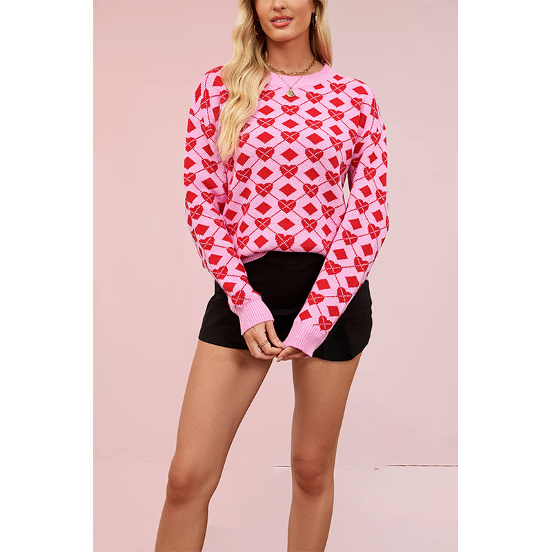 Valentine's Day Round Neck Pullover Peach Heart Sweater