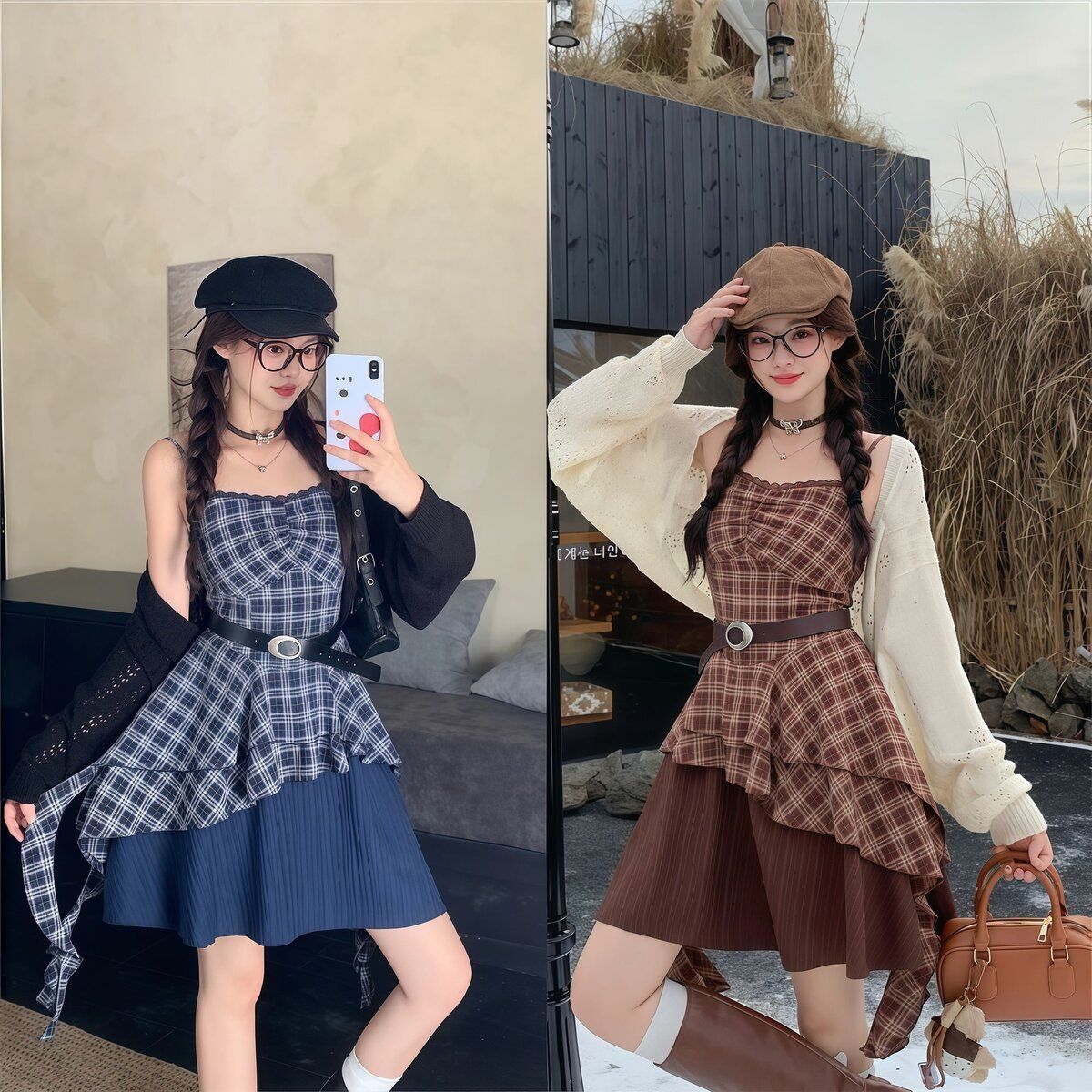 Fashionable Cardigan And Asymmetrical Waist-Slimming Slimming Dress Set For Women