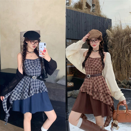 Fashionable Cardigan And Asymmetrical Waist-Slimming Slimming Dress Set For Women