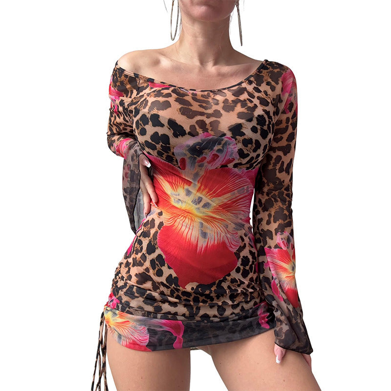 Mesh Long-sleeve Flared-sleeve Short Skirt
