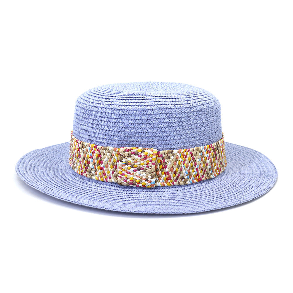 Color Flat Top Straw Hat Outdoor Travel Sunscreen