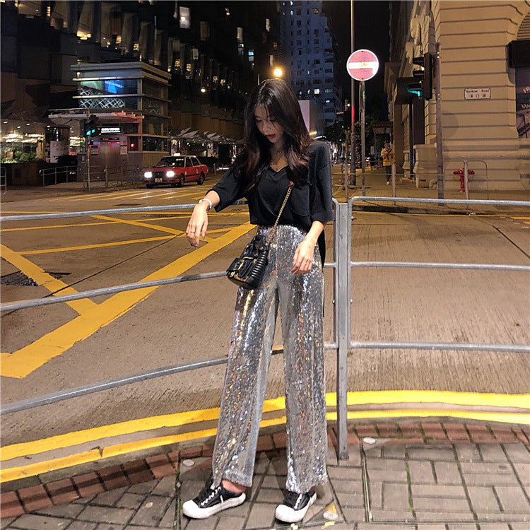Heavy Industry Sequins High Waist Straight Trousers Women's Trousers