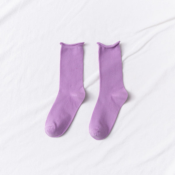 Women's Mid-tube Socks Thin Candy Color Rolled Edge Cotton