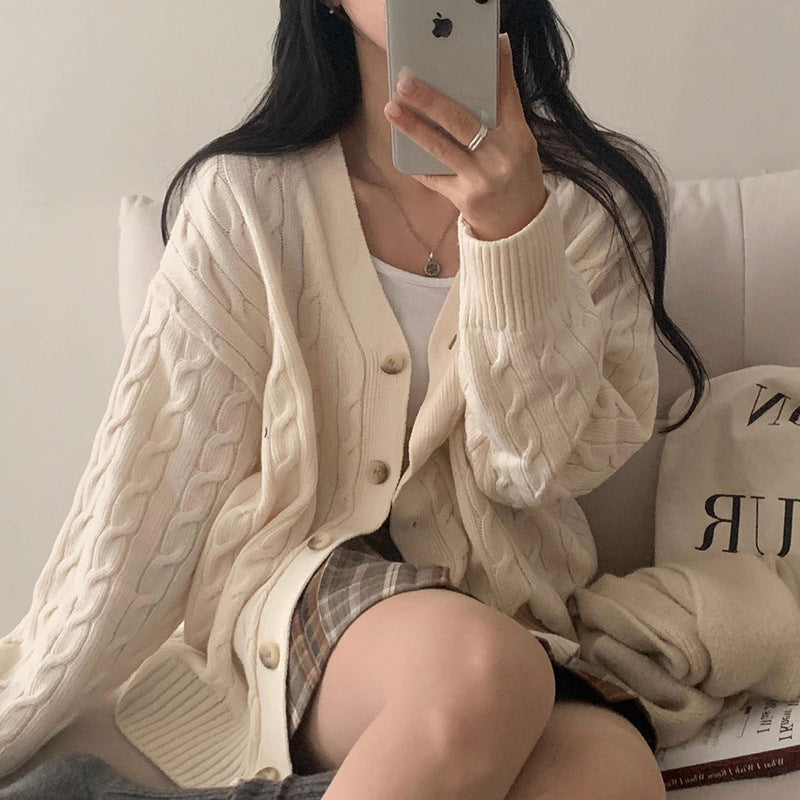 V-neck Single Breasted Hemp Pattern Versatile Loose Long Sleeves Knitted Sweater