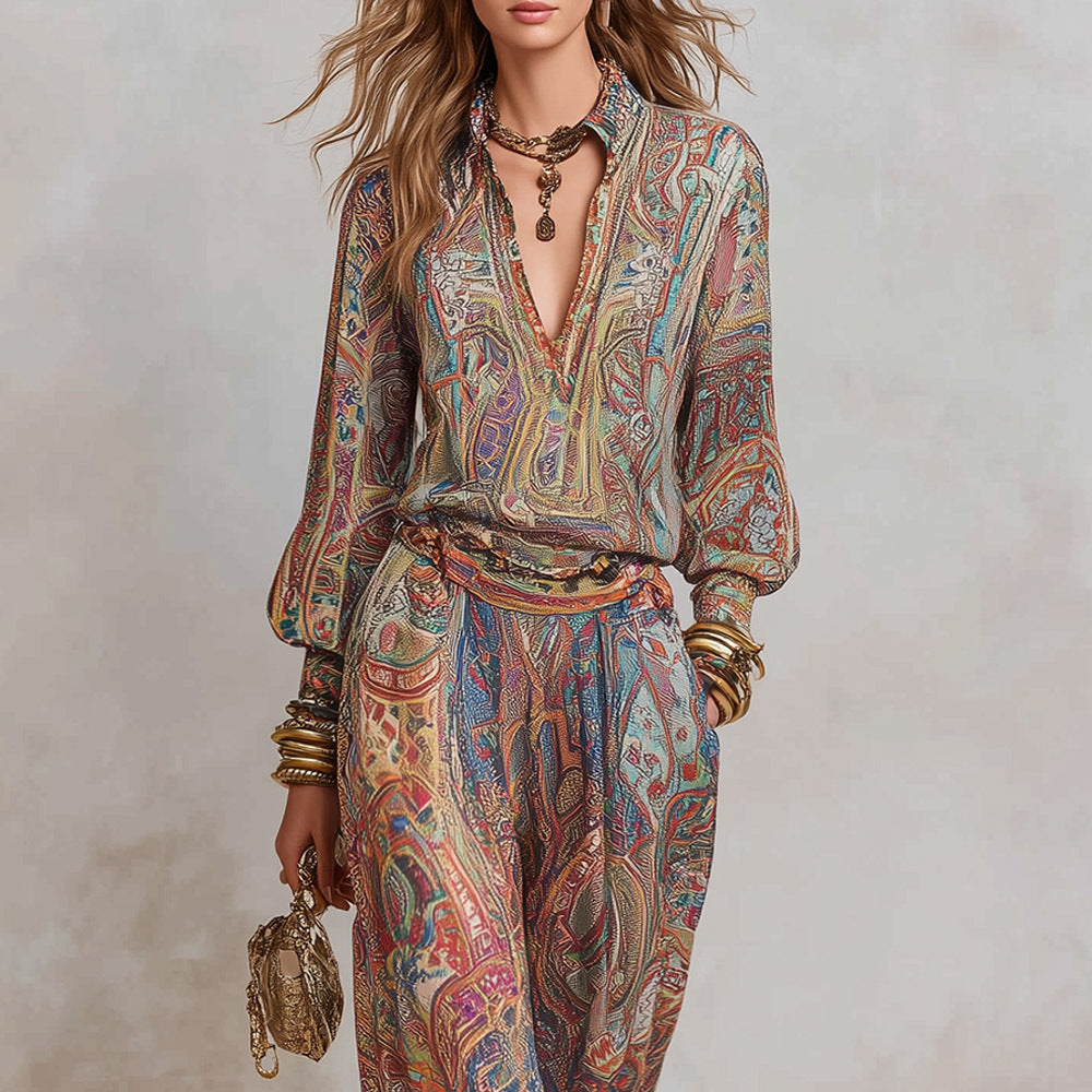 Women's Casual Chic Elegant Deep V-Neck Wide-Leg Pants Set