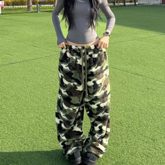 American-style Camo Jacquard Retro Autumnwinter Lambswool Thermal Loose Wide-leg Casual Pants